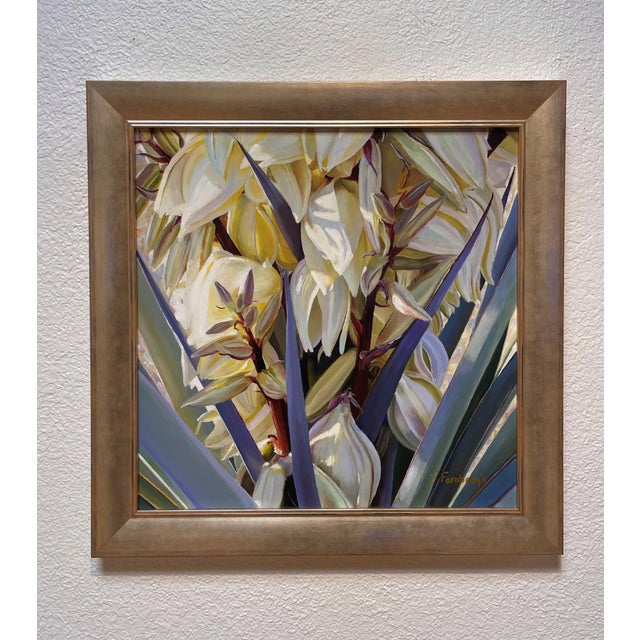 This artwork showcases a close-up view of delicate, creamy white flowers interspersed with vibrant green foliage. The...