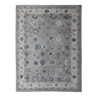 Turkish Oushak Rug in Gray, Blue and Neutral Color Palette in All-Over Flower Design For Sale