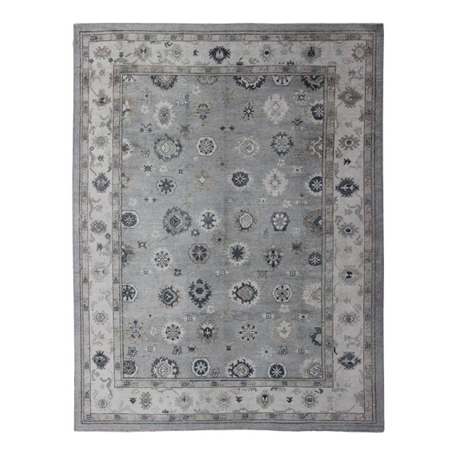 Turkish Oushak Rug in Gray, Blue and Neutral Color Palette in All-Over Flower Design For Sale