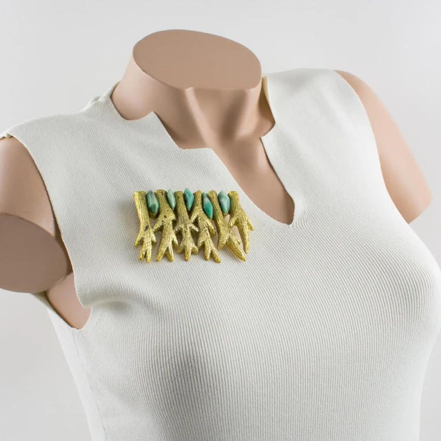 Mid-Century Modern Artist Mary Oros Gilded Cast Resin Brooch with Turquoise Resin Cabochons For Sale - Image 3 of 8