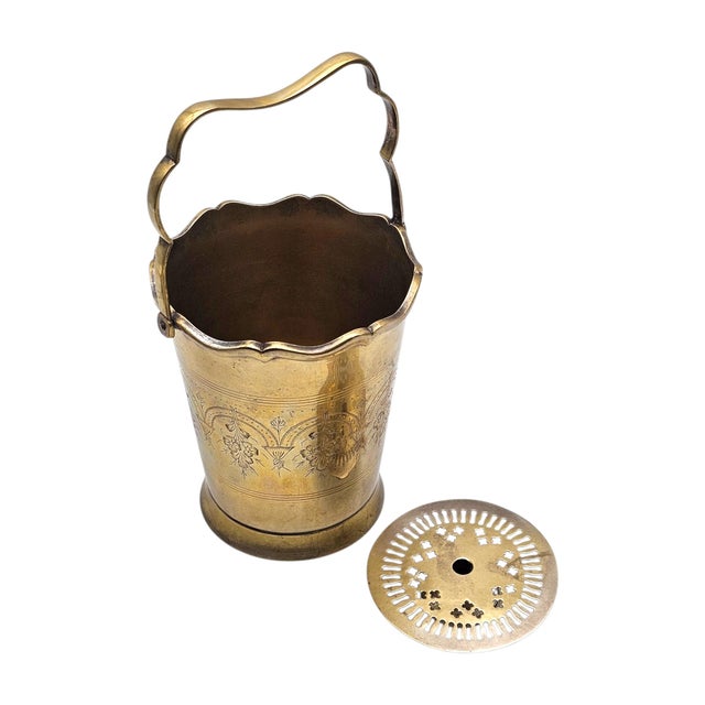 Brazilian Etched Brass Ice Bucket — Floral Engraved — Insert & Tongs 7.5" For Sale - Image 13 of 17