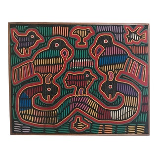 Vintage Mola Folk Art Birds Two Headed Snake Motif Embroidered Quilted Textile Art, Framed For Sale