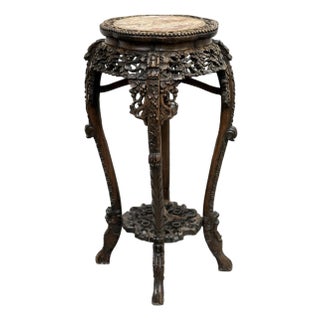 Antique Chinese Carved Wood + Marble Inset Tabaret For Sale