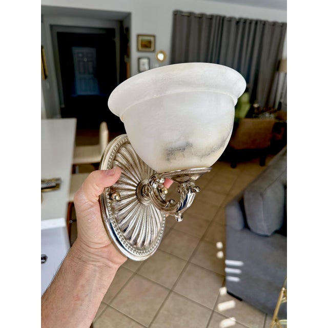Pair Silver Nickel Alabaster Sunburst Wall Sconces For Sale - Image 18 of 18