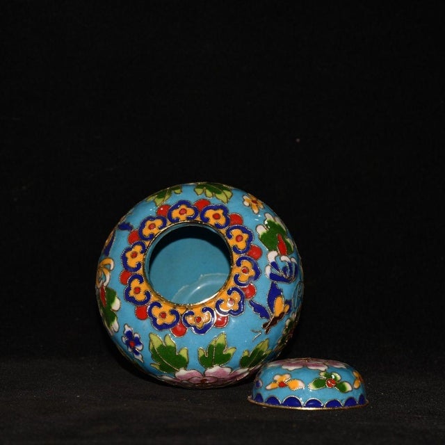 Vintage Cloisonné Enamel Ginger Jar With Peony Motif - Blue Ground For Sale - Image 9 of 9