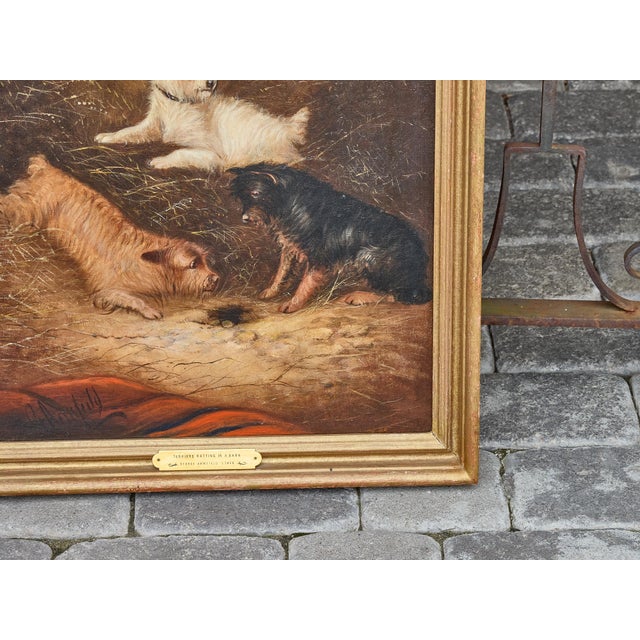 Textile Oil Painting of Terriers Ratting in a Barn, Signed George Armfield, circa 1850 For Sale - Image 7 of 12