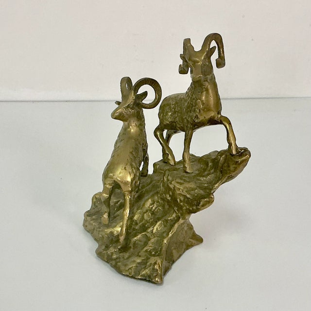 1970s 1970s Mid-Century Rustic Arts & Crafts Big Horn Sheep Brass Sculpture For Sale - Image 5 of 11