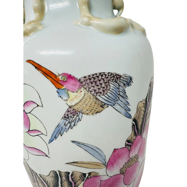 Vintage Famille Rose Porcelain Vase With Koi Fish, Birds, and Flowers For Sale - Image 9 of 15