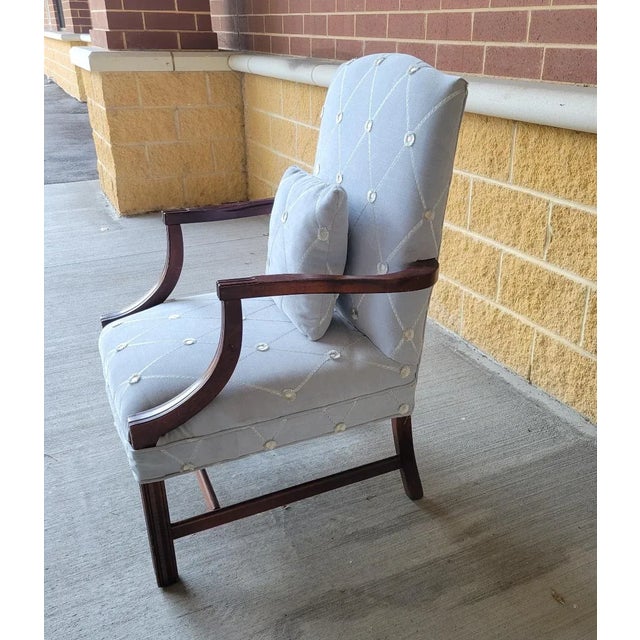 Chippendale Vintage Light Blue Designer Fabric Martha Wahington Chippendale Chair With Pillow For Sale - Image 3 of 8