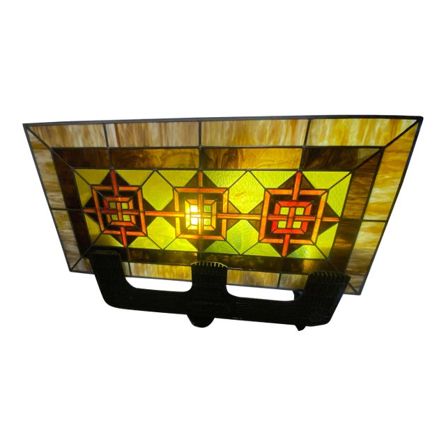 Frank Loyd Wright Inspired Stained Glass Window Original 1900-1930’s Bungalow Prairie Style Bungalow Transoms Architectural Salvage For Sale