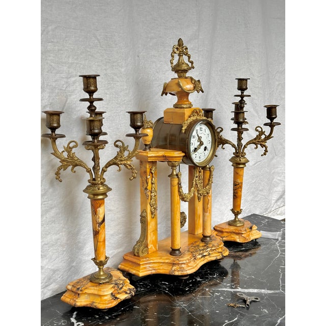 French 19th Century Louis XVI French Neoclassical Marble and Gilt Bronze Mantel Clock and 5 Arm Candelabra Garniture Set For Sale - Image 3 of 12