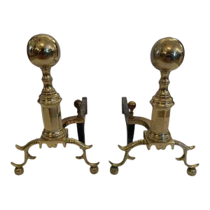 Cast Brass Cannonball Designed Vintage Andirons -A Pair