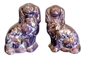 Antique Purple Lusterware Staffordshire Spaniels- a Pair