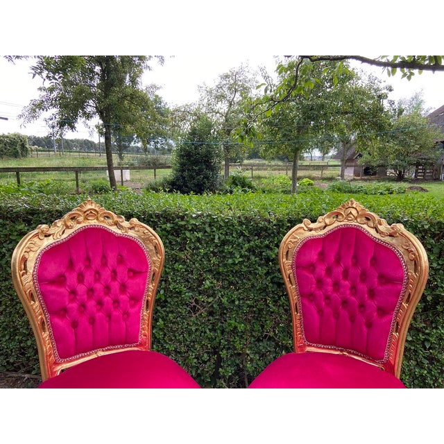 Late 20c Louis XVI Gold Beech Red Fuchsia Velvet Dining Chairs-Pair For Sale - Image 4 of 6
