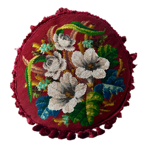 Victorian English Micro Beaded Floral Needlepoint Pillow