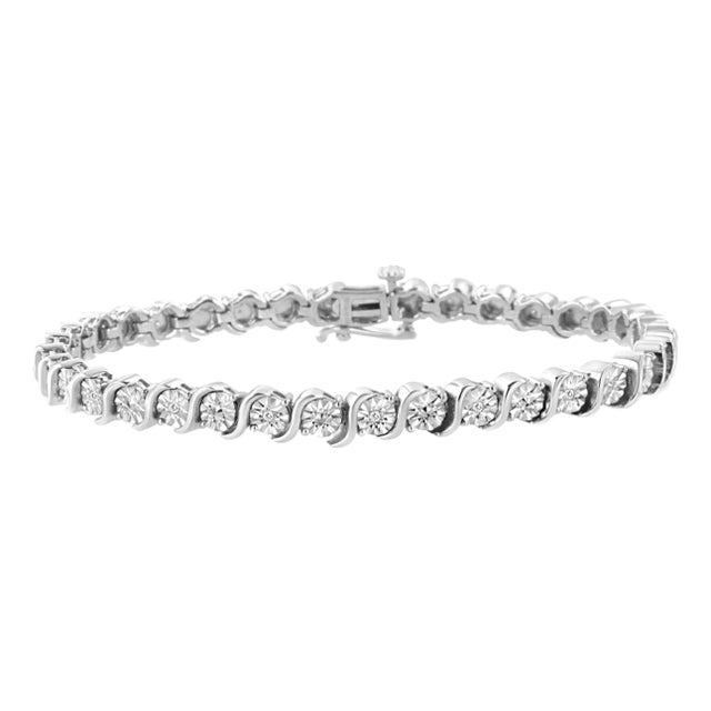 .925 Sterling Silver 1/10 Cttw Diamond Round Miracle Plate and "S" Link Tennis Bracelet - 7" For Sale