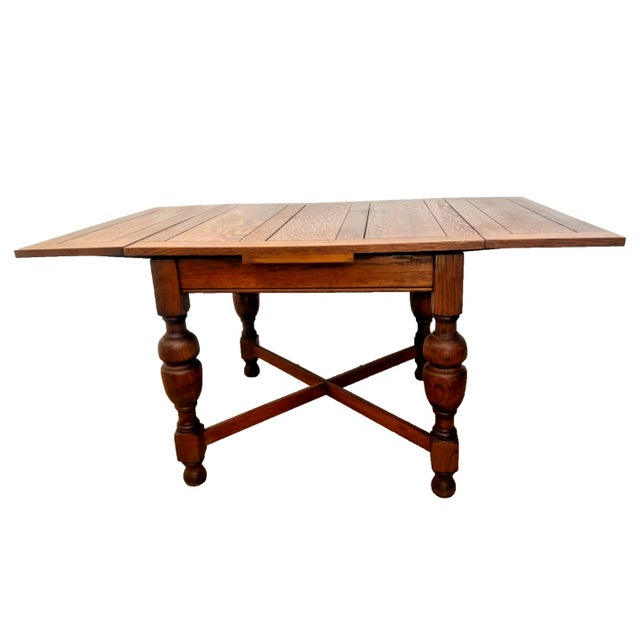 Early 20th Century English Tudor Expansion Table Turned Baluster Legs Quarter Sawn Oak, X-Stretcher 1a For Sale In Palm Springs - Image 6 of 16