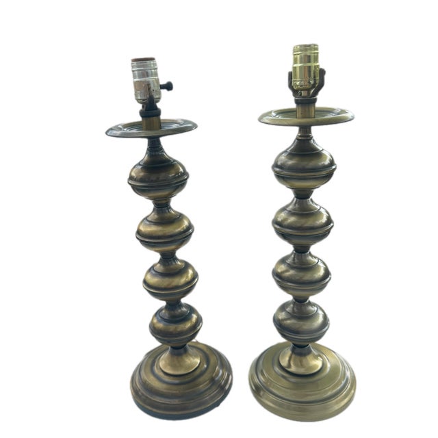 Mid Century Modern Brass Tone Stacked Cylinder Table Lamp- A Pair For Sale - Image 10 of 12