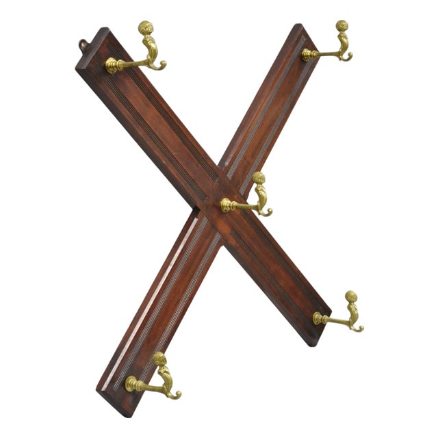 Antique Victorian Mahogany X-Form Wall Coat Rack W/ Brass Knight's Helmet Hooks For Sale