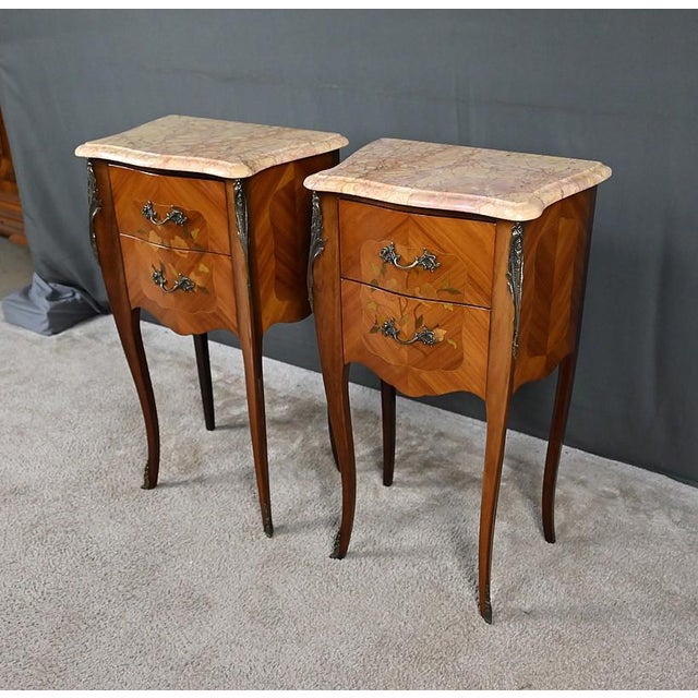 Louis XV Style Marquetry Bedside Tables, Late 20th Century, Set of 2 For Sale - Image 6 of 18