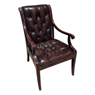 Regency Style English Tufted Leather Mahogany Arm Chair - 1 of 2 For Sale