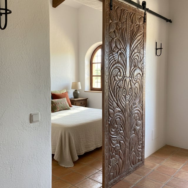 Mid-Century Modern Kalpavriksha Tree of Life Carved Wood Door – Vintage Sliding Barn Door Wall Panel 84x36 For Sale - Image 3 of 6