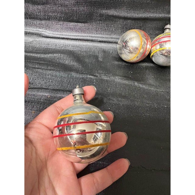 Metal Vintage Lot of 8 Silver Striped Christmas Glass Ball Ornaments Usa For Sale - Image 7 of 10