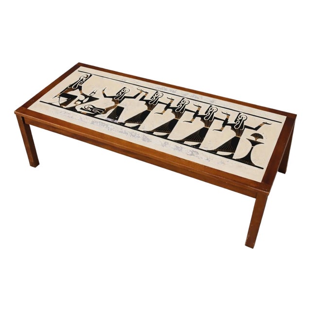 Mid-Century Egyptian-Style Teak and Tile Coffee Table For Sale