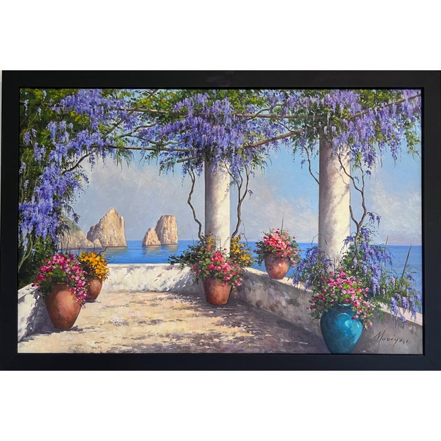 Italian Artist Moriani (20c) Coastal Landscape Oil on Canvas Painting, Framed For Sale