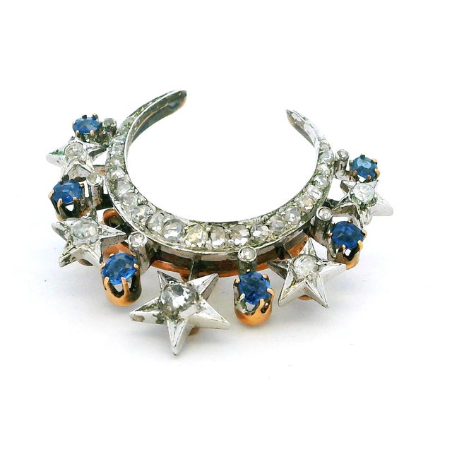 Victorian Diamond & Sapphire Crescent Moon Brooch in 18K Gold and Platinum For Sale - Image 13 of 16