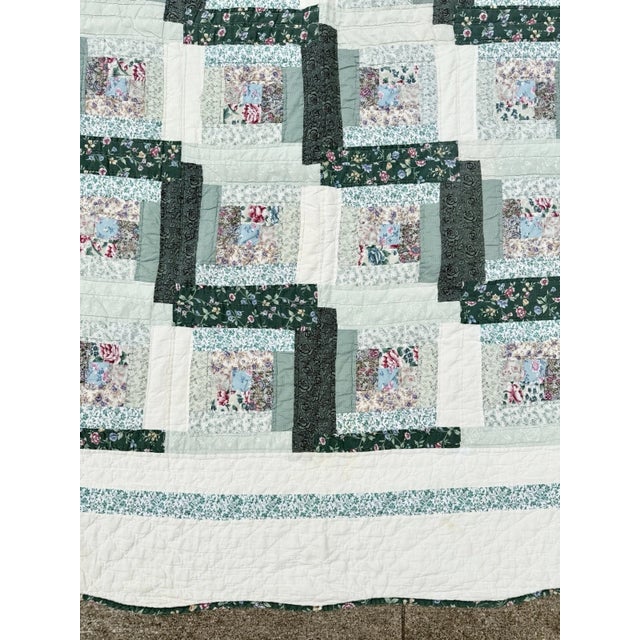 Green Vintage Hand Stitched Log Cabin Quilt Green And White, Square 77x79” For Sale - Image 8 of 18