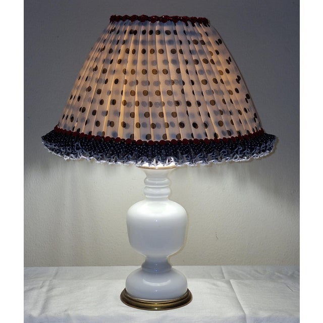 Vintage Table Lamp with Brass-Framed Glass Base and Fabric Shade from Lamplove, 1970s, in Very Good conditions. Designed...
