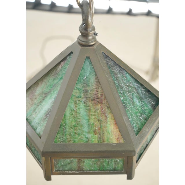 Arts & Crafts Mid 20th Century Arts & Crafts Green Slag Glass Hexagonal Pendant Light For Sale - Image 3 of 7