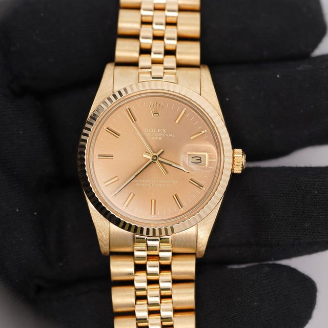 Vintage Rolex Op Date 34mm 14k Gold Champagne Dial Watch For Sale - Image 10 of 13