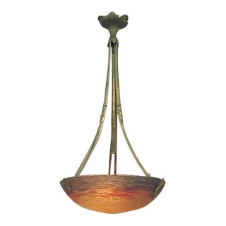 French Art Glass Lighting Bowl on Long Decorated Art Deco Apparatus For Sale