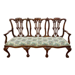 Antique Chippendale Carved Mahogany Three-Seat Bench With Floral Upholstery For Sale