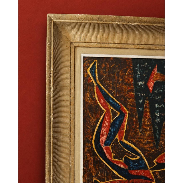 An evocative mid-century abstract expressionist oil painting that masterfully balances dynamic form with a rich, brooding...