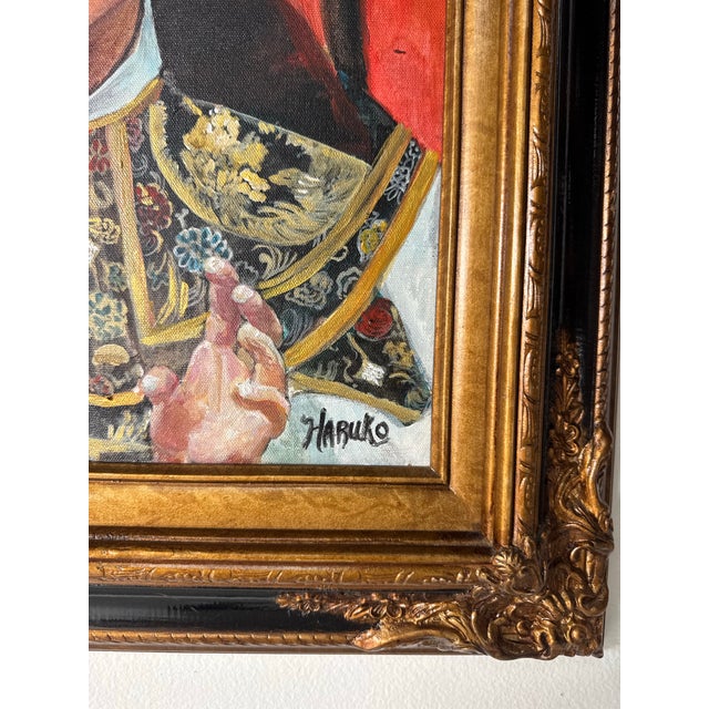 Vintage Haruko Japanese Girl Portrait Oil on Canvas Painting, Wood Framed For Sale - Image 9 of 10