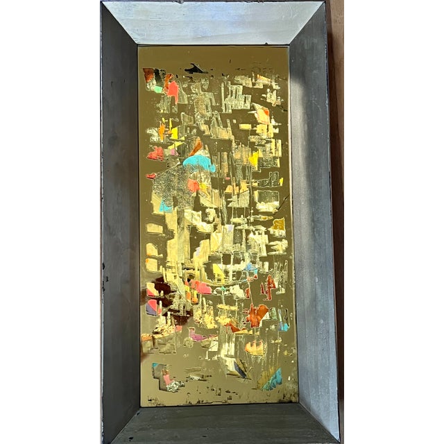 Vintage Brutalist Reverse Glass Mirror Art Signed Mixed Media MCM Jere Style 25" For Sale - Image 9 of 17