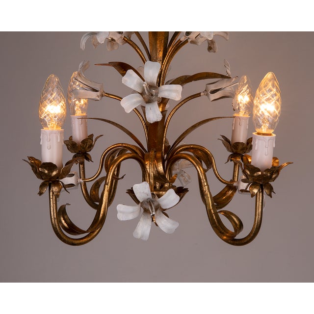 Gilt Chandeliers with White Enamel Lily Flowers, 1950s For Sale - Image 3 of 8
