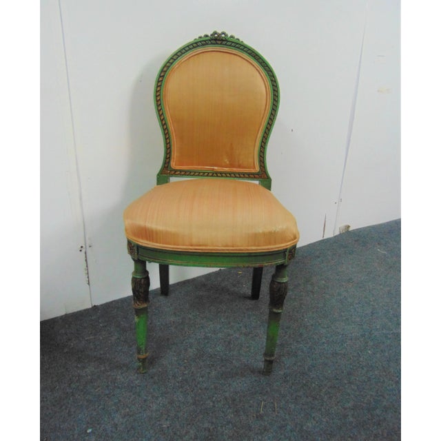 Louis XVI style side chair , green painted finish with gold accents, ribbon carved crest