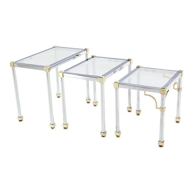 Chrome and Brass Metal Glass Top Nesting Side End Occasional Tables - Set of 3 For Sale