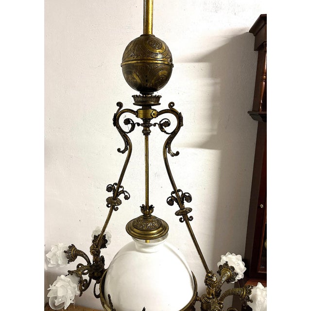 Antique Brass and Glass 7-Light Chandelier from H. Luppens Bruxelles, 1920s For Sale - Image 9 of 10