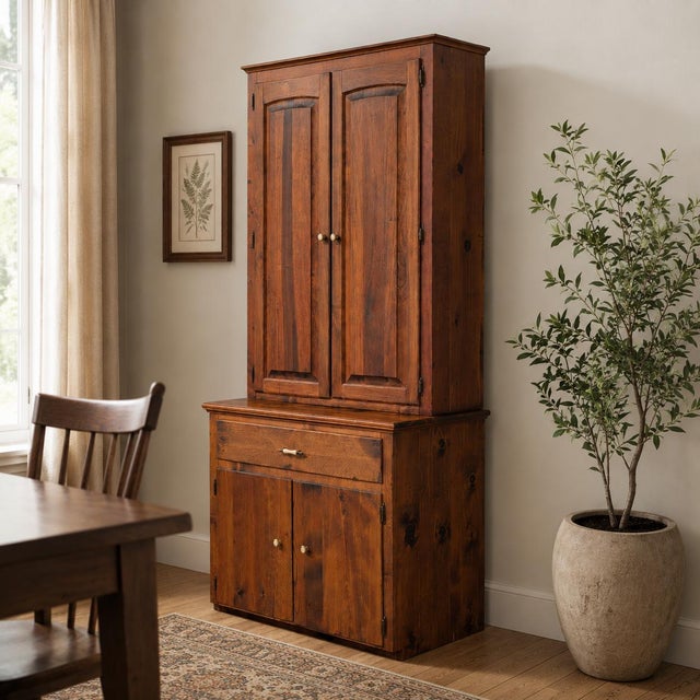 Antique Early American Solid Wood Rustic Cupboard Hutch. A tall two-piece solid wood cupboard and hutch with the honest...