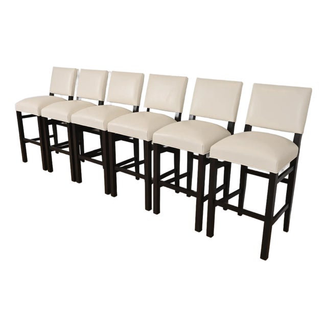 Ethan Allen Modern Mahogany and Leather Bar Stools, Set of Six For Sale