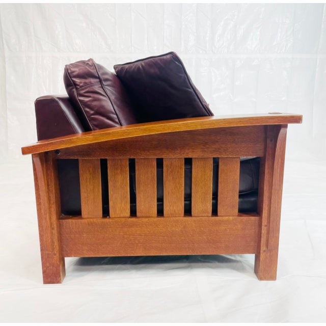 1980s Stickley Arts & Crafts Solid Oak Sofa With Burgundy Leather Upholstery For Sale In Los Angeles - Image 6 of 16