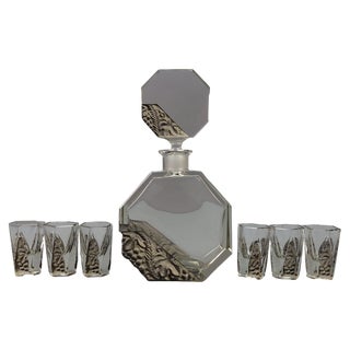 Art Deco Czech Bohemian Clear and Grey Glass Decanter Set attributed to Schlevogt & Hoffman, 1930s, Set of 7 For Sale