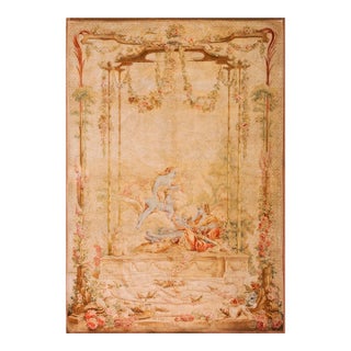 1750s Beige Figural Antique French Beauvais Tapestry Rug 6' 4" X 9' Flatweave Wool Carpet For Sale