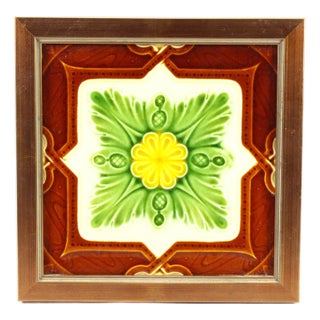 19th/20th C. English Art Nouveau Ceramic Majolica Glazed Tile With Rosette Framed For Sale