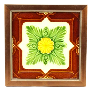 19th/20th C. English Art Nouveau Ceramic Majolica Glazed Tile With Rosette Framed
